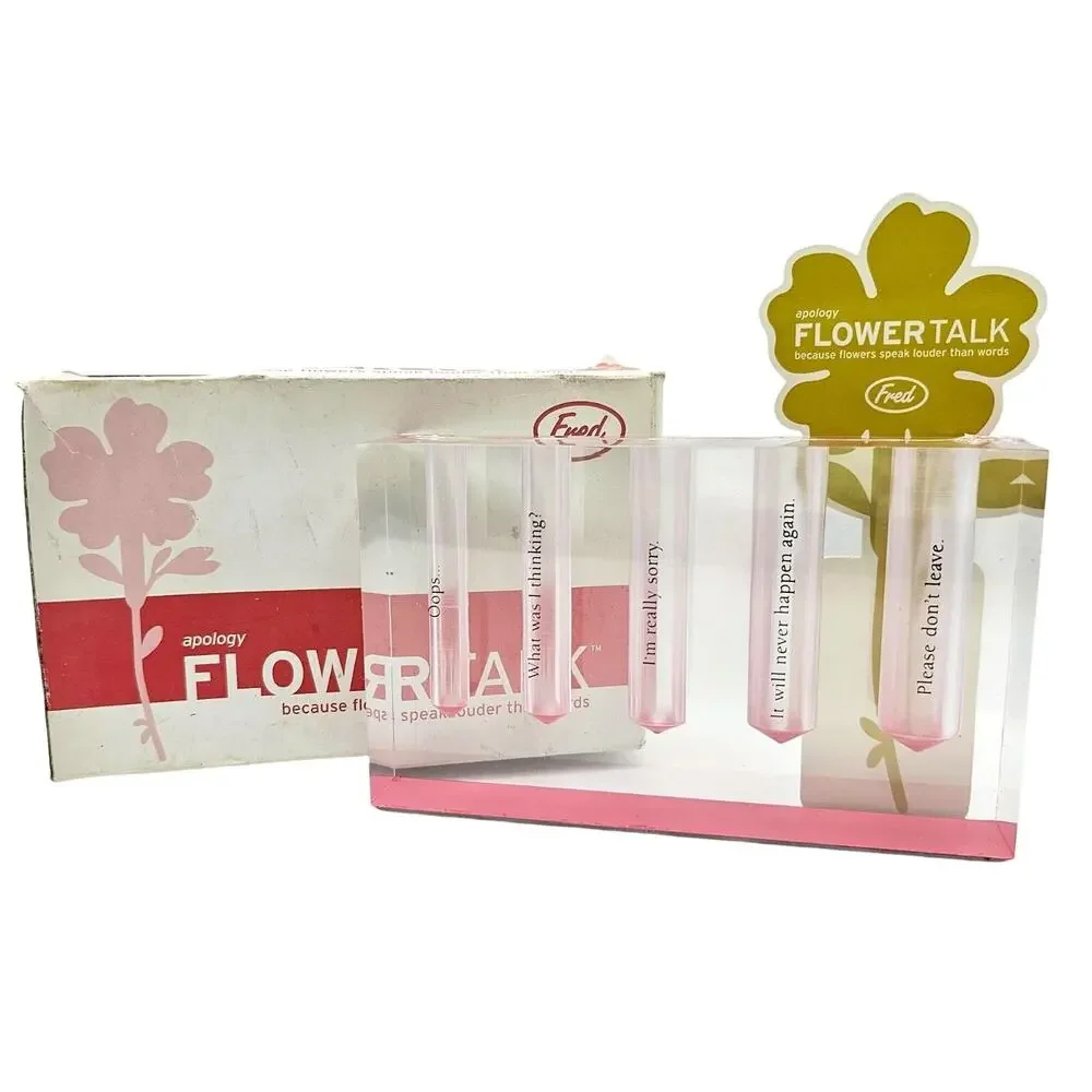 Fred Flower Talk Apology Bud Vase Clear Pink Acrylic Humorous Phrases 5-Slot NWT